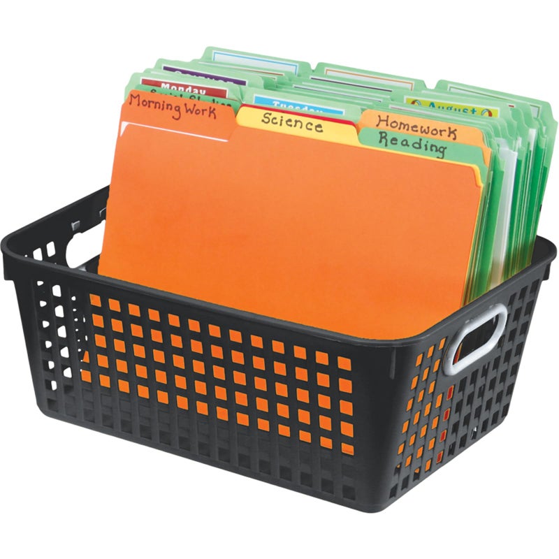 Really Good Stuff - 160016BK Multi-Purpose Plastic Storage Baskets for Classroom or Home Use - Stackable Mesh Plastic Baskets with Grip Handles 13" x 10" (Black - Set of 12) - Image 2